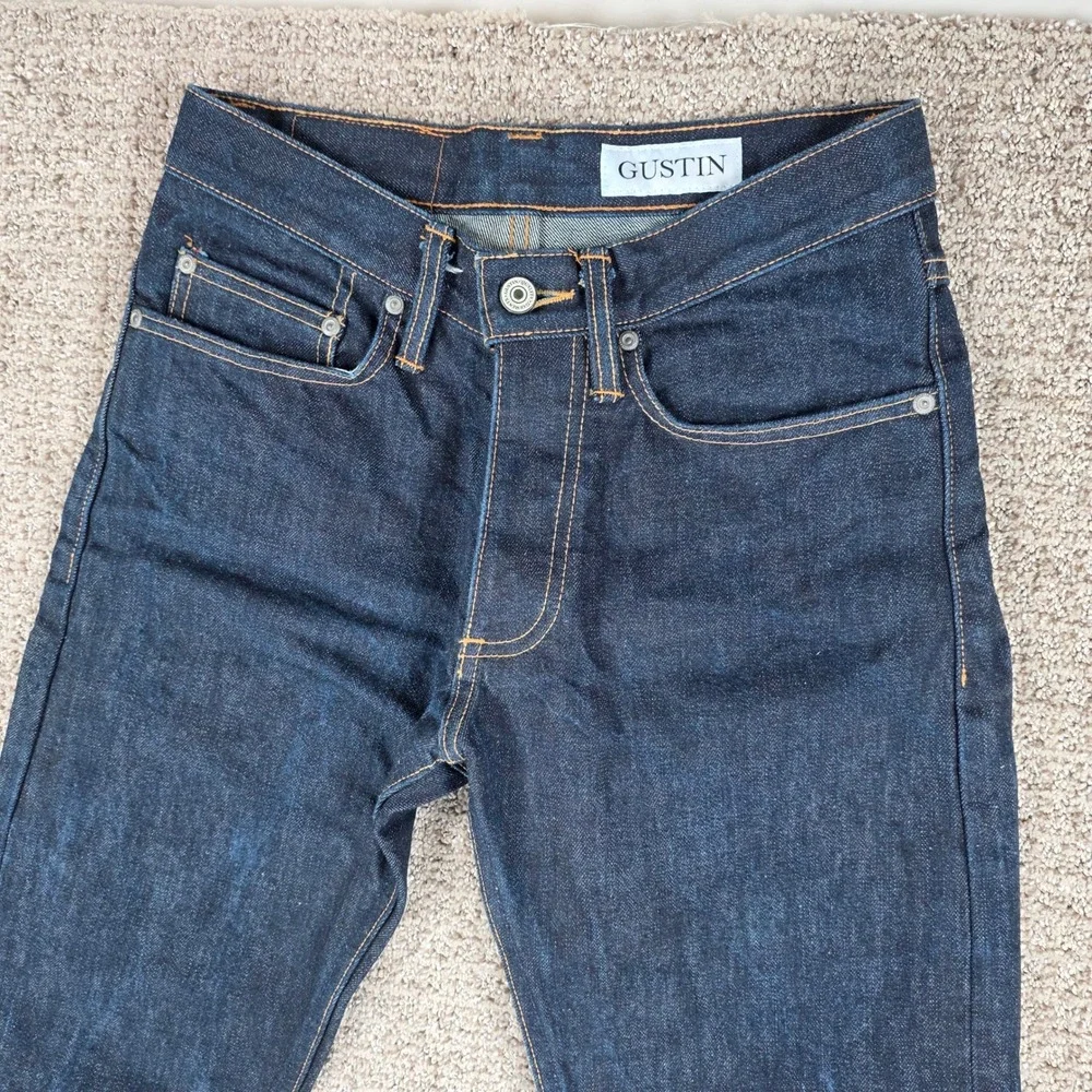 Gustin Mens Raw Selvedge 28x34 Denim Jeans Slim Fit Dark Wash Indigo Made in USA